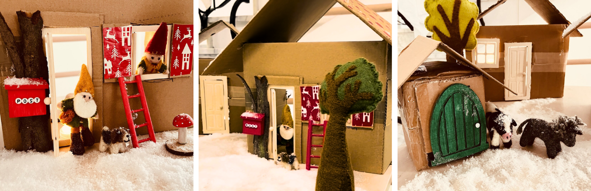 Mehrere Bilder, die das Wichtelhaus voller Dekoration zeigt: Wichtel und Tiere aus Filz und Dekoschnee.