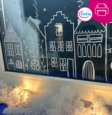 Ein Fensterbild, gemalt mit einem weißen Marker. Das Bild zeigt Häuser.