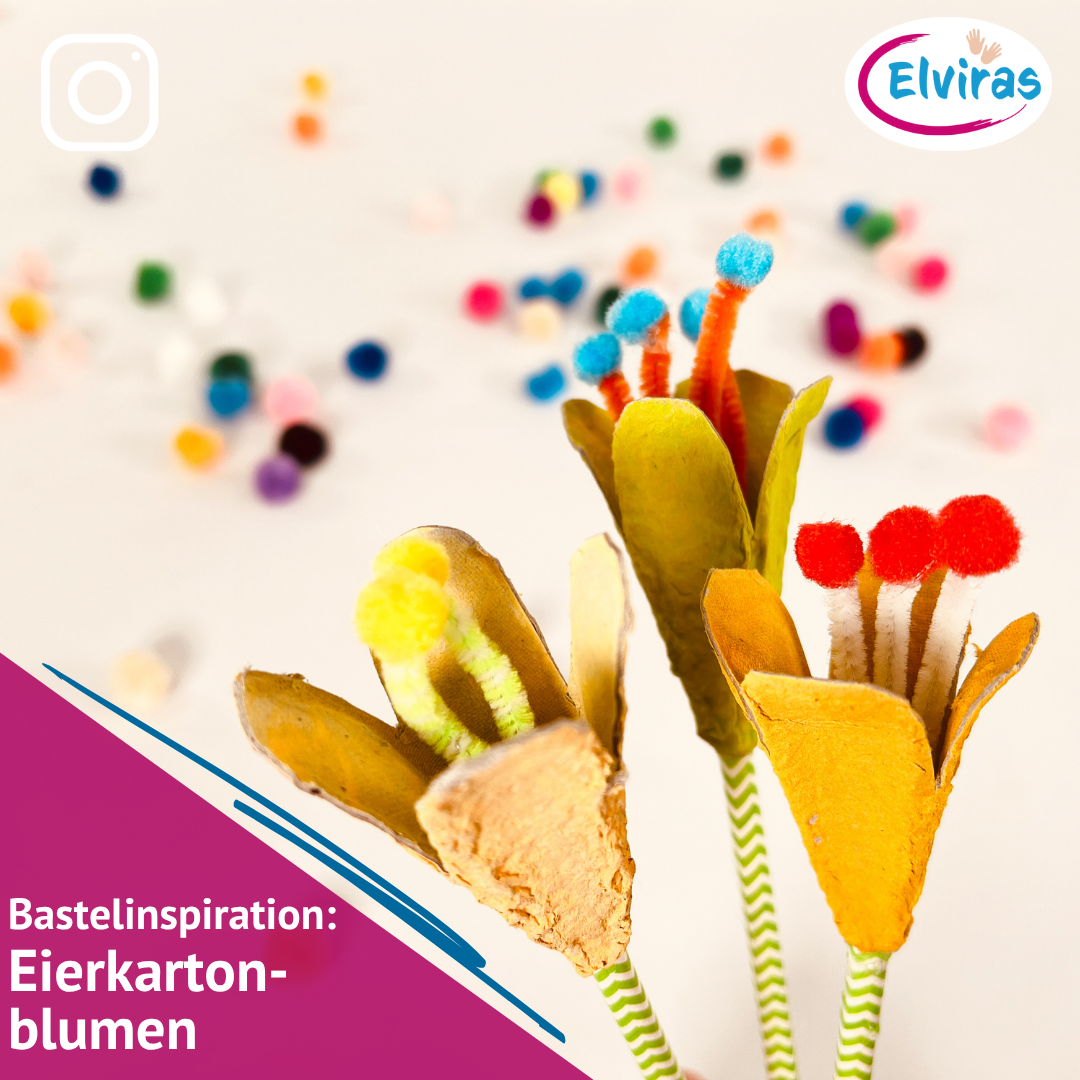 Beispiel eines unserer Instagram-Postings: "Eierkartonblumen". Man sieht Blumen gebastelt aus angemalten Eierkarton, Pfeidenputzern, Pompons und Strohhalmen.