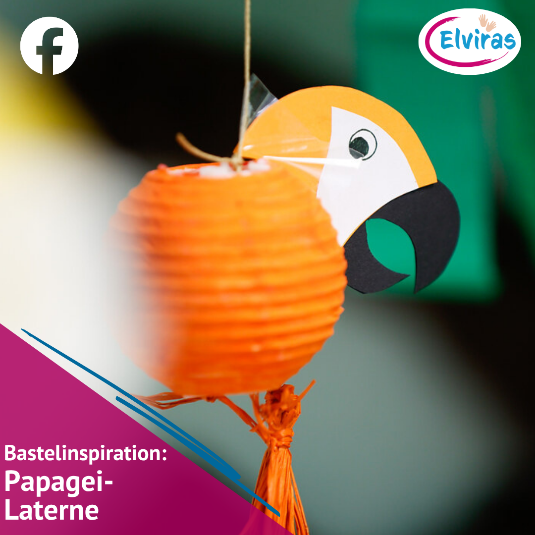 Beispiel eines unserer Facebook-Posting: "Bastelinspiration: Papagei-Laterne", man sieht einen orangenen Lampion mit einem Papageikopf aus Fotokarton.