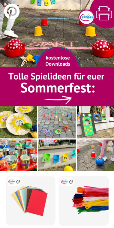 Beispiel eines unserer Pinterset-Postings: "Kostenlose Downloads: Tolle Spielideen für euer Sommerfest", man sieht eine Kollage aus Bildern, die verschiedene gebastelte Spiele zeigen.