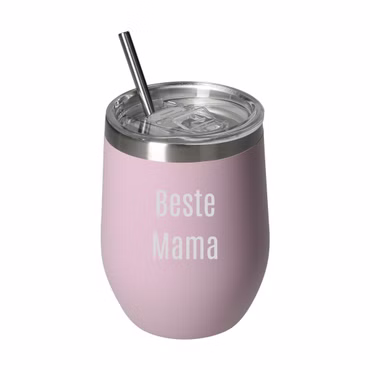 Personalisierter Weinbecher 350 ml - doppelwandiger Edelstahlbecher hält Getränke lange kalt - Trinkbecher mit Deckel und Strohhalm - Personalisierte Geschenkidee für den Sommer