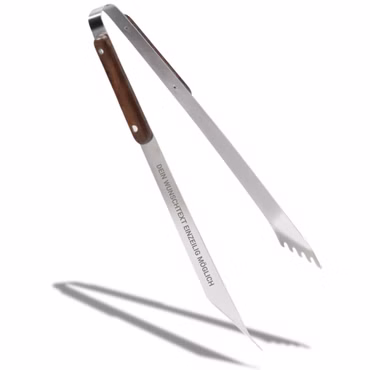 Personalisierte Grillzange 33 cm aus Edelstahl mit Holzgriff - Geschenk Vatertag für Papa, Mann, Freund & Opa - Grill Zubehör aus massiven Birkenholz - Fleischzange mit gezackten Spitzen