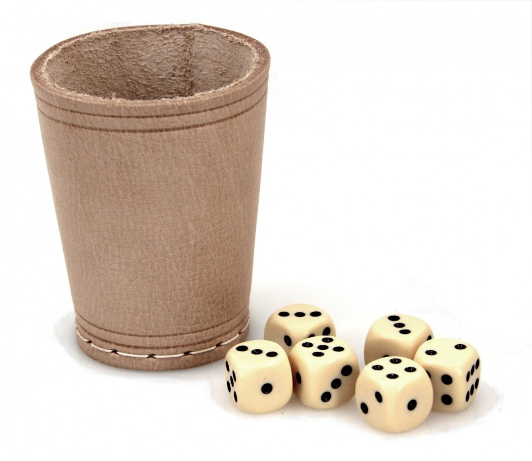 Ludomax 325131 Würfelbecher mit 6 Würfeln, Echt Leder, genäht, ca. 9cm