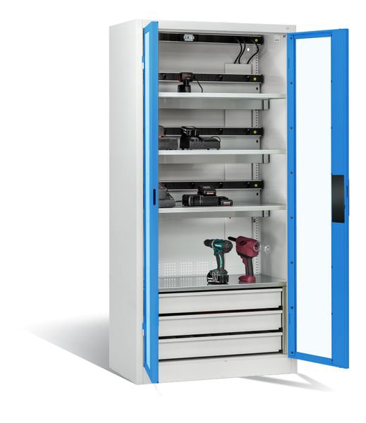 Bestseller: Akku-Ladeschrank mit Sichtfenstertüren für 15 E-Werkzeuge