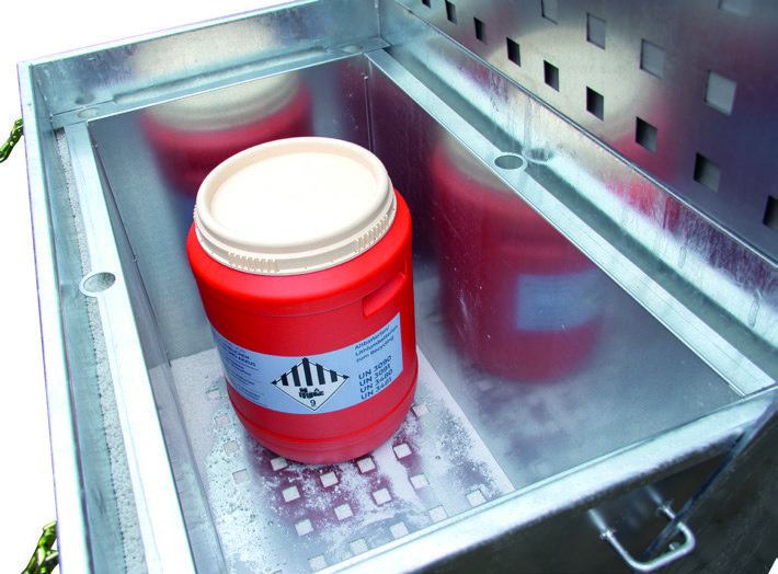 Lagerbehälter für Lithium-Ionen Batterien mit Sammelfass