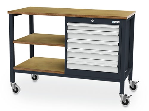 Mobile Kastenwerkbank mit Fachböden und Schubladenschrank