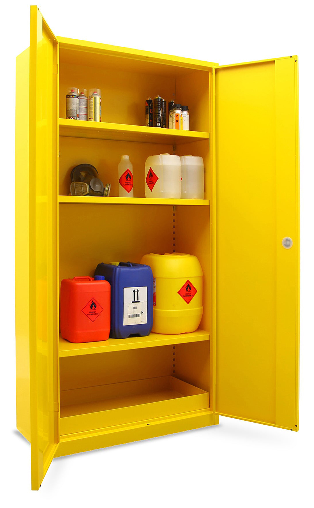 Abschließbarer Gefahrstoffschrank mit 3 Fachböden und Auffangwanne in Signalgelb