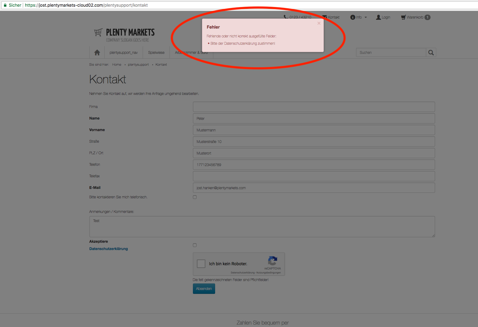 Fehlermeldung Frontend