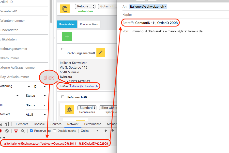 E-Mail-Links in der Auftragsübersicht.