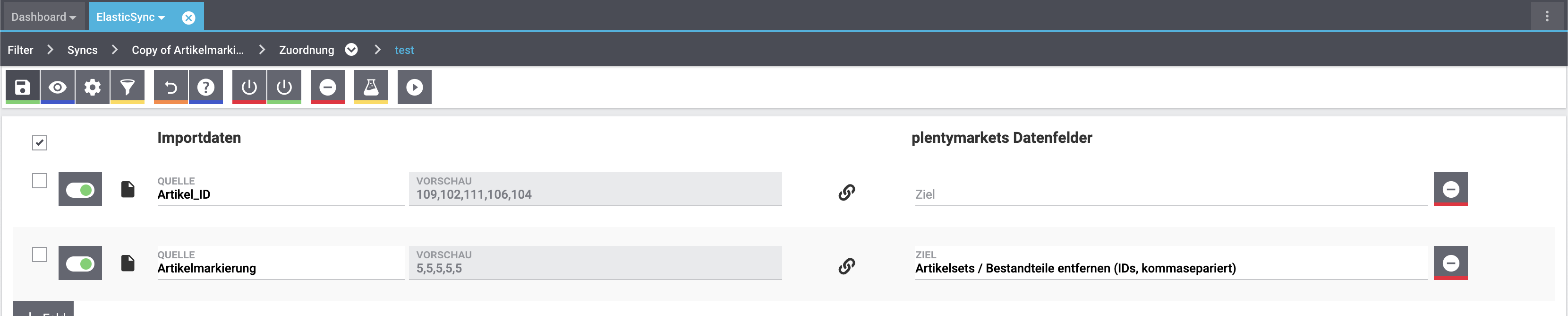 ElasticSync-Ansicht mit Schaltfläche links.