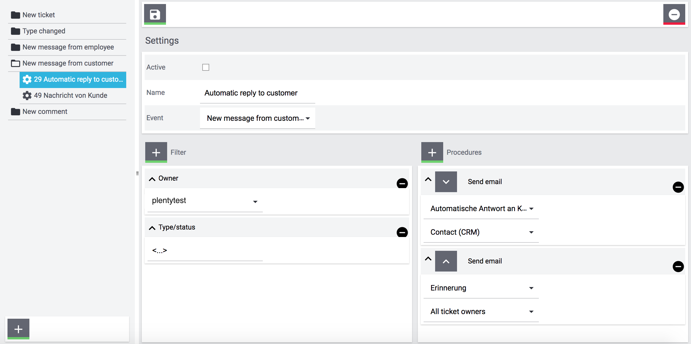 Example of an event procedure “Automatic reply to customer”