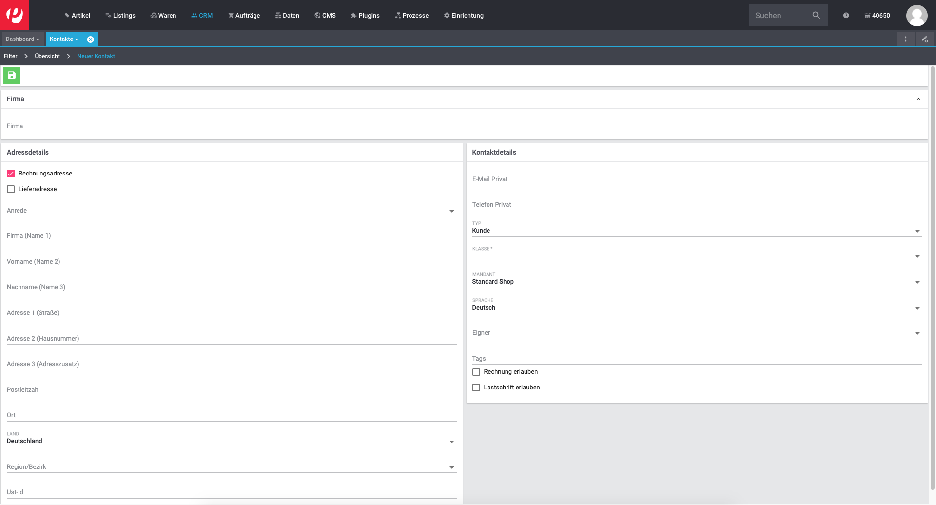 crm neuer kontakt standardansicht