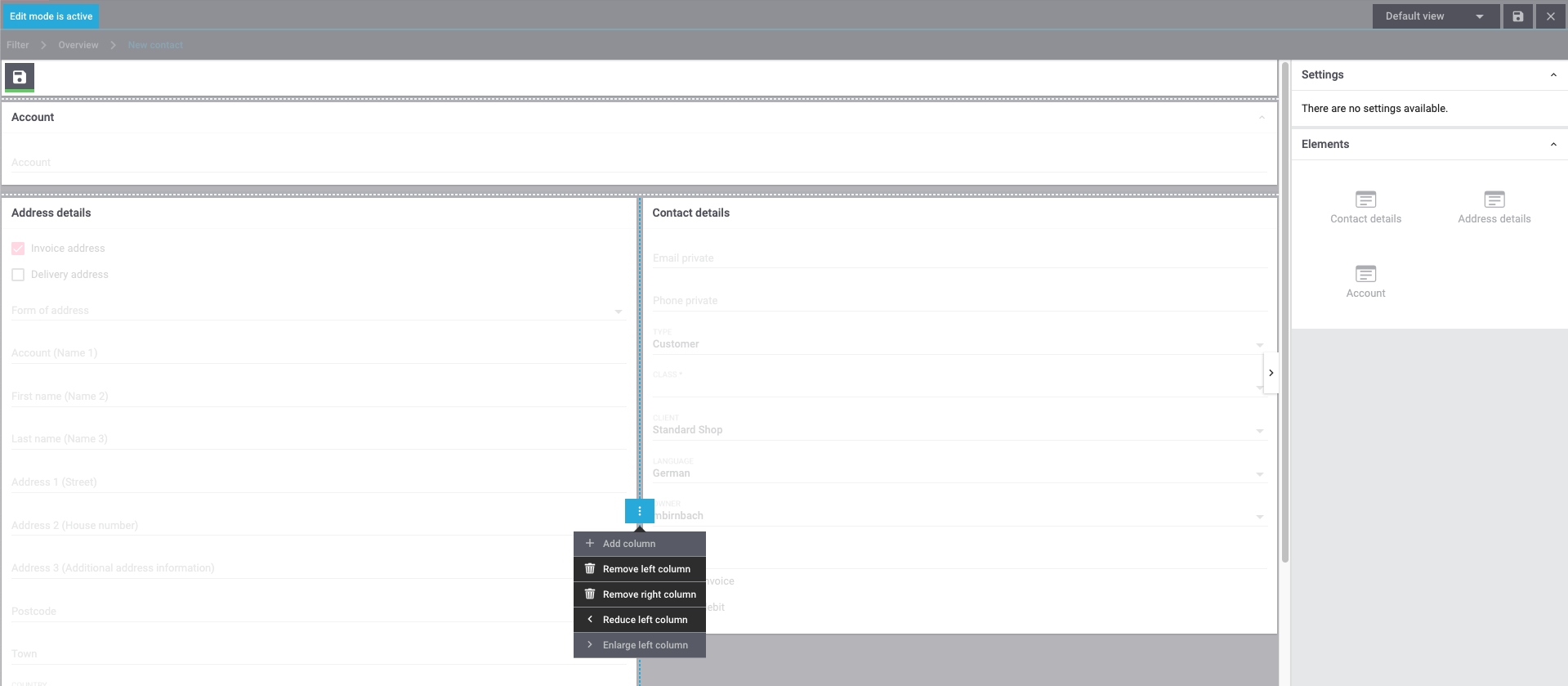 crm new contact editing mode