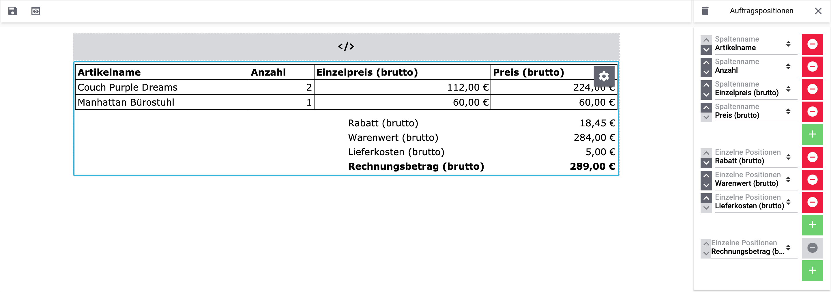 emailbuilder bearbeitungsmodus auftragspositionen