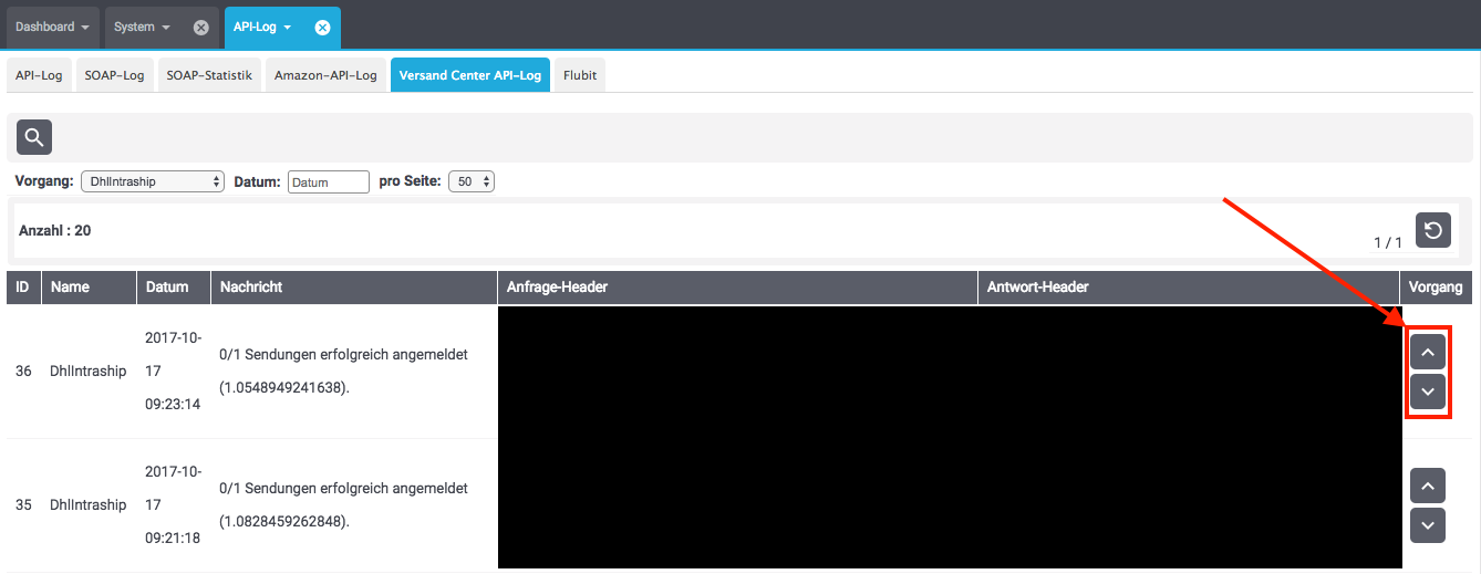 DHL Versand Center API Log