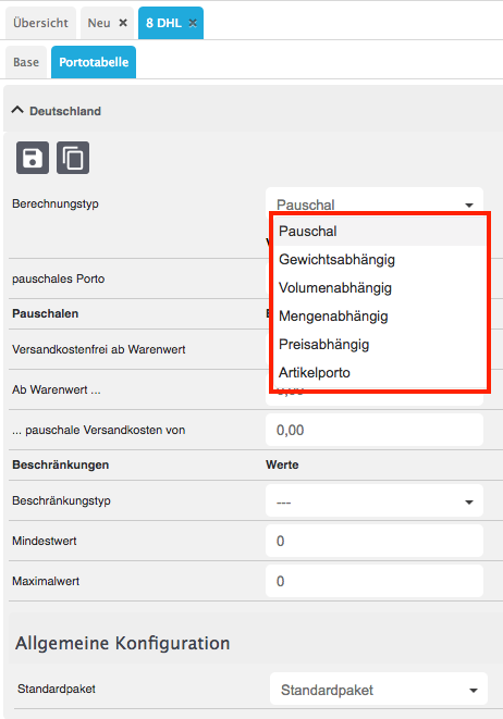 Portotabelle Berechnungstypen