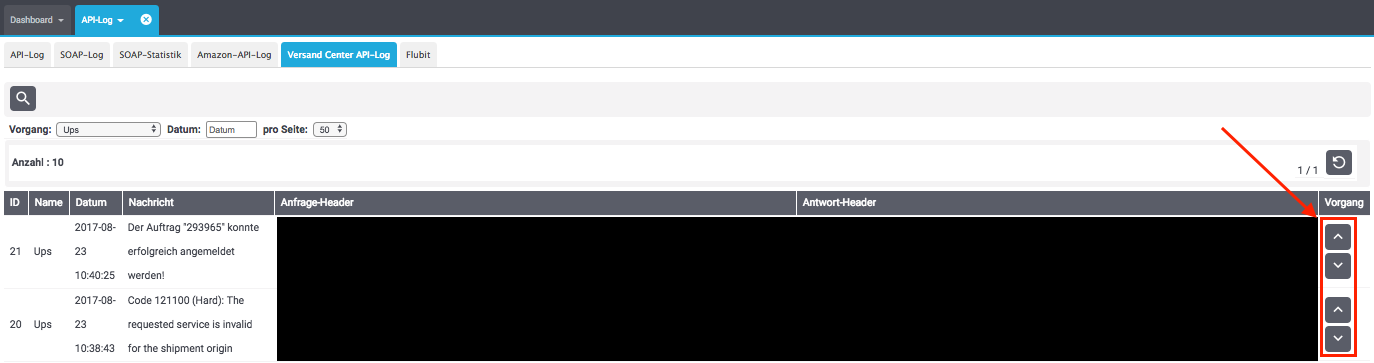UPS Versand Center API Log