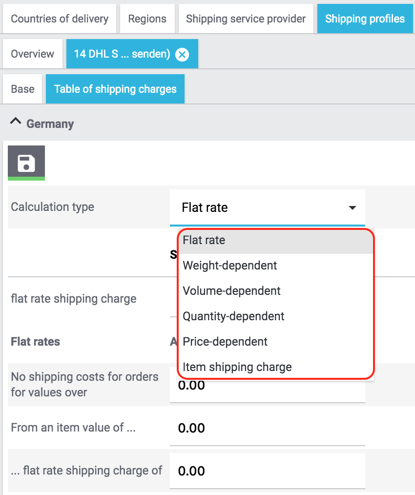 DHL plugin calculation types table of shipping charges