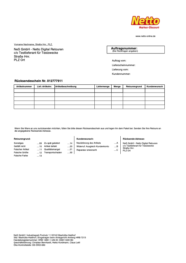 Rücksendeschein