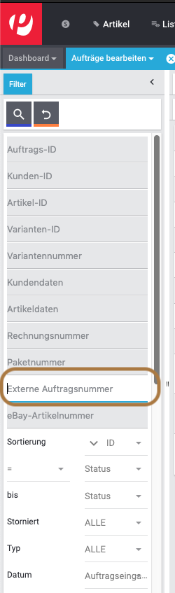 Suche externe Auftragsnummer
