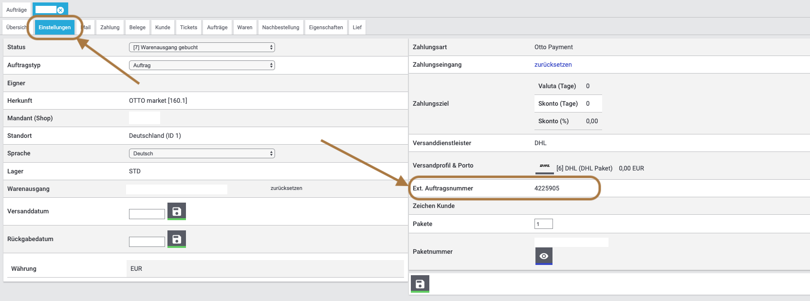 externe Auftragsnummer in plentymarkets