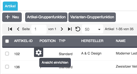Ansicht einrichten