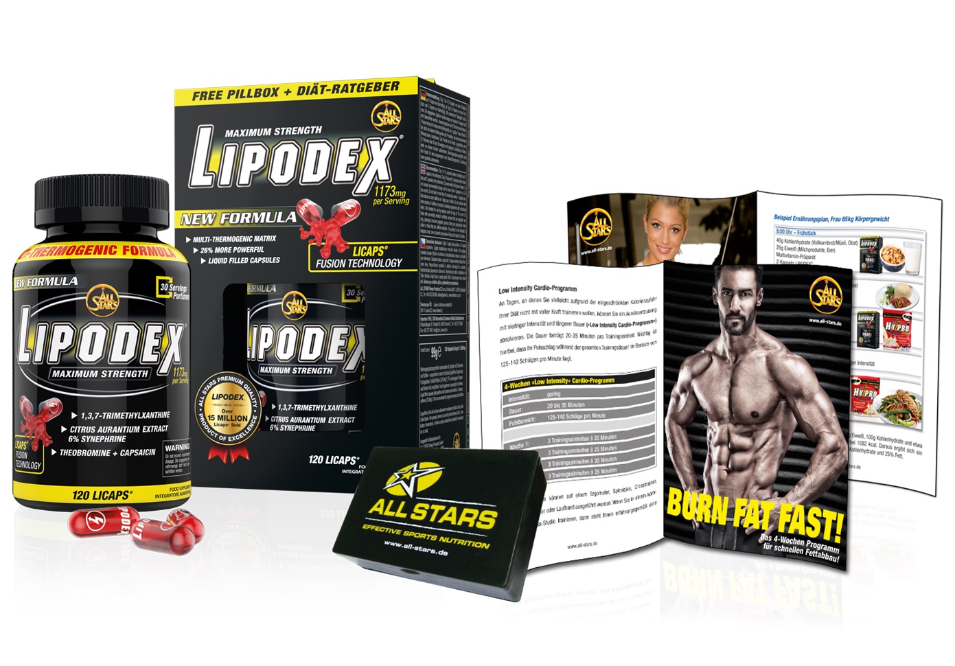 (39,29€/100g) All Stars Lipodex Fatburner 120 Licaps + Pillbox & Diät