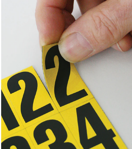 Magnetic Numbers & Letters, Magnetic tiles, two tile heights, either 43mm with a 39mm high digit or 23mm with a 17mm high digit, mixed alpha or numeric digits, magnetic warehouse shelf tags