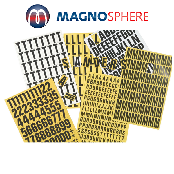 Magnetic Numbers & Letters, Magnetic tiles, two tile heights, either 43mm with a 39mm high digit or 23mm with a 17mm high digit, mixed alpha or numeric digits, magnetic warehouse shelf tags