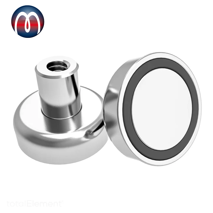 Neodymium Rare Earth Pot Magnet with Threaded Female Stud, Neodymium Magnet with female thread, Neodymium Cup Magnet, Strong Neodymium Magnet Recessed Inside a Nickel Plated Round Steel Cup