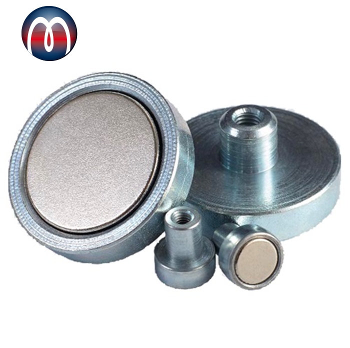 Neodymium Rare Earth Pot Magnet with Threaded Female Stud, Neodymium Magnet with female thread, Neodymium Cup Magnet, Strong Neodymium Magnet Recessed Inside a Nickel Plated Round Steel Cup