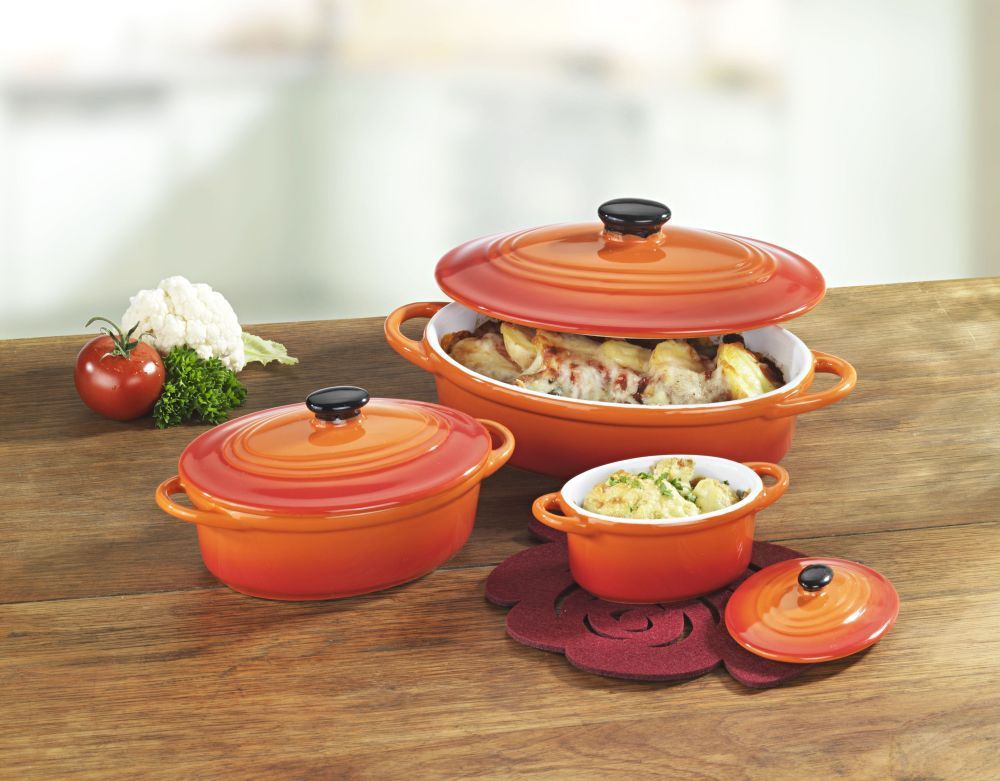 orange Bräter Cocotte Gar Topf Auflaufform mit Deckel Schmortopf aus Keramik
