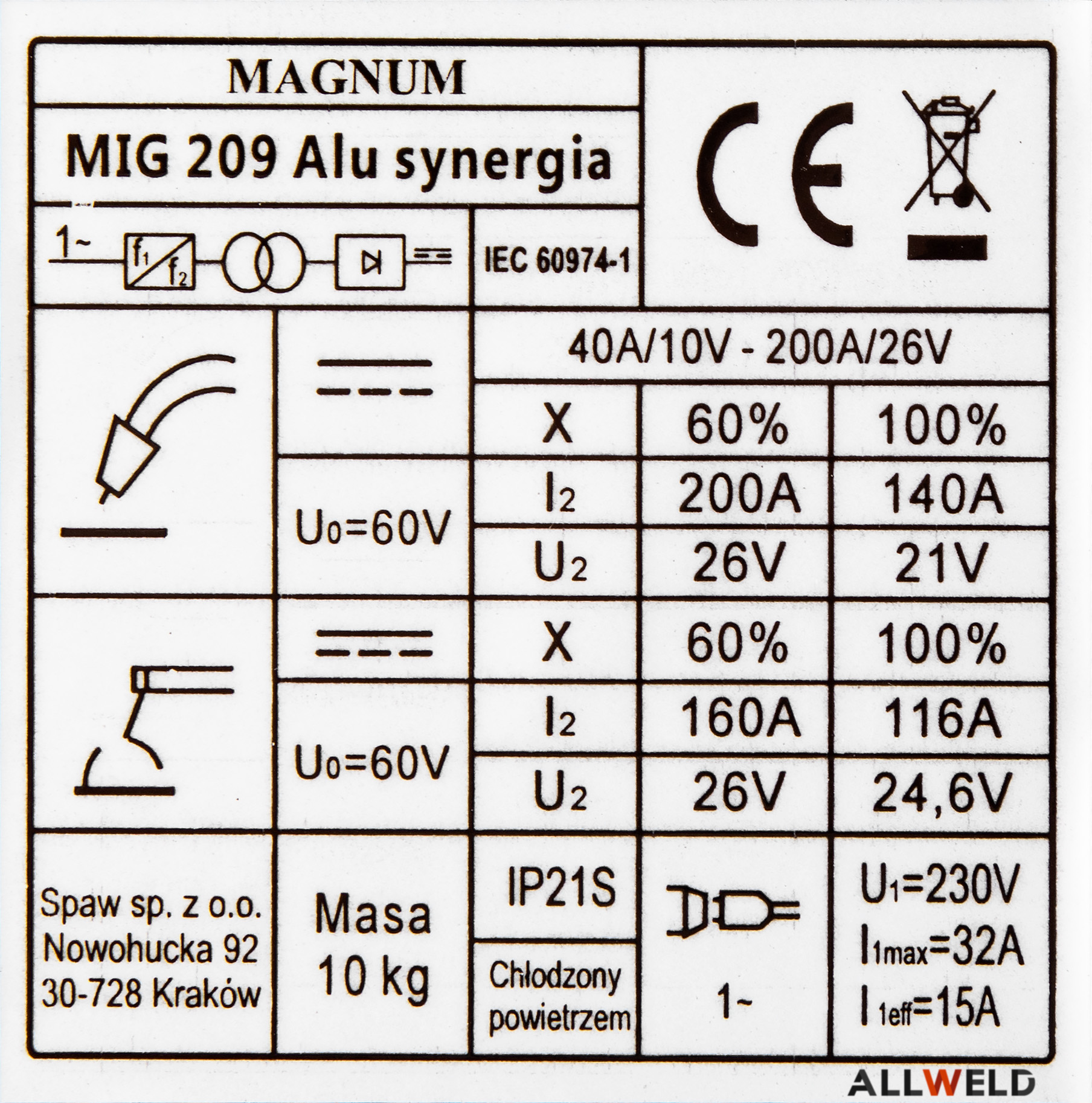 ALLWELD Magnum MIG 220 Alu/Cu - Vollsynergisches Schweißgerät 200A Mit LCD