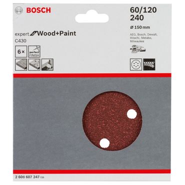 Bosch Schleifblatt C430, 150 mm, 60, 120, 240, 6 Löcher, Klett, 6er-Pack