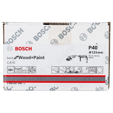 Bosch Schleifblatt Papier C470, 115 mm, Körnung 40, ungelocht, Klett, 50er-Pack