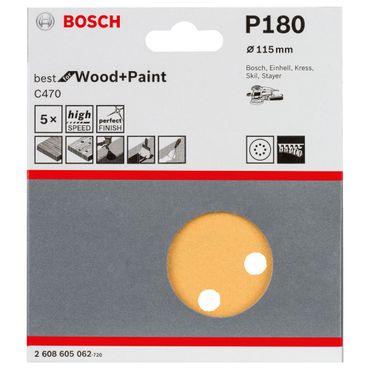 Schleifblatt C470 für Exzenterschleifer, 115 mm, 180, 8 Löcher, Klett, 5er-Pack