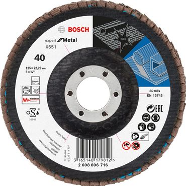 Bosch Fächerschleifscheibe X551 Expert for Metal gewinkelt 125 mm 40, Glasgewebe