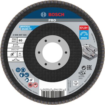 Bosch PRO X571 Fächerschleifscheibe, 115 mm, G80, gerade, Glasfaser