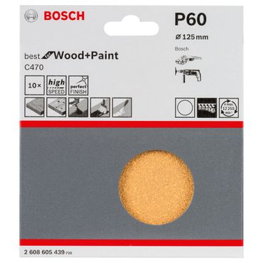 Bosch Schleifblatt-Set C470, 125 mm, 60, ungelocht, Klett, 10er-Pack