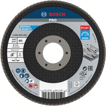 Bosch PRO X571 Fächerschleifscheibe, 115 mm, G80, gewinkelt, Glasfaser
