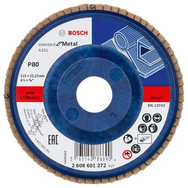 Bosch Fächerschleifscheibe X431, Standard for Metal 115 mm, 22,23 mm, 80