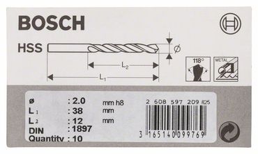 Bosch Karosseriebohrer HSS-R, DIN 1897 2 x 12 x 38 mm