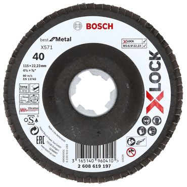 Bosch X-LOCK Fächerschleifscheibe, abgewinkelte Ausführung, Fibertragplatte, Ø115 mm, K 40, X571, Best for Metal, 1 Stück D = 115 mm; K = 40, abgewinkelt