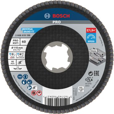 Bosch PRO X571 X-Lock Fächerschleifscheibe, 115 mm, G60, gewinkelt, Glasfaser
