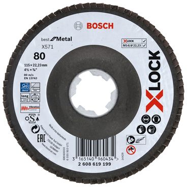 Bosch X-LOCK Fächerschleifscheibe, abgewinkelte Ausführung, Fibertragplatte, Ø115 mm, K 80, X571, Best for Metal, 1 Stück D = 115 mm; K = 80, abgewinkelt