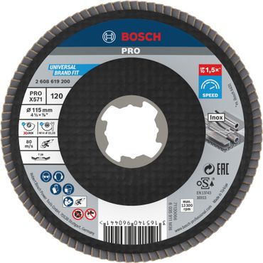 Bosch PRO X571 X-Lock Fächerschleifscheibe, 115 mm, G120, gewinkelt, Plastik