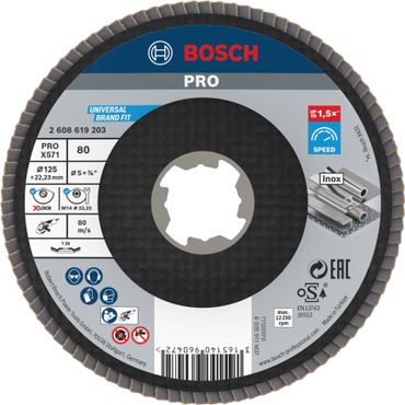 Bosch PRO X571 X-Lock Fächerschleifscheibe, 125 mm, G80, gewinkelt, Glasfaser