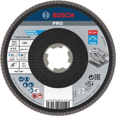 Bosch PRO X571 X-Lock Fächerschleifscheibe, 125 mm, G120, gewinkelt, Glasfaser