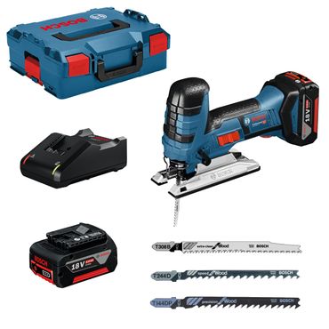 [Paket] Bosch GST 18V-LI S 2x4,0Ah Akkus + Lader in L-Boxx + Stichsägeblätter-Set 15tlg.